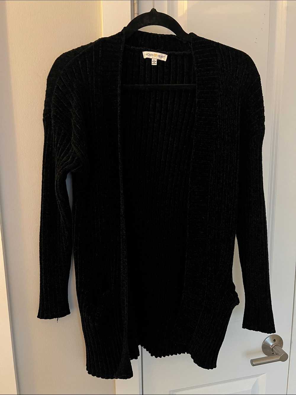 Woven Heart Black Open-Front Chenille Cardigan